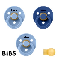 BIBS Colour Schnuller mit Namen, Gr. 2, 1 Cornflower, 2 Sky Blue, Rund Latex, (3er Pack)